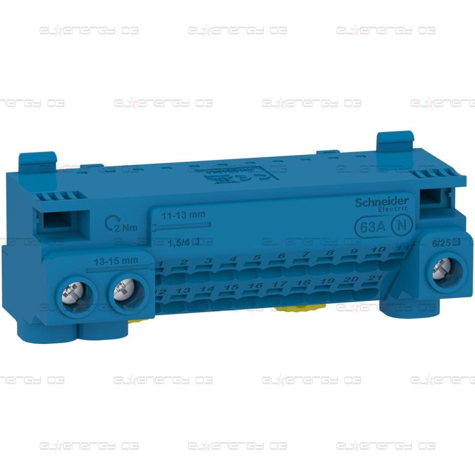 Neutral terminal block, Linergy, screw and screwless terminals, 24 holes, 3x25 mm² + 21x4 mm², with jumper