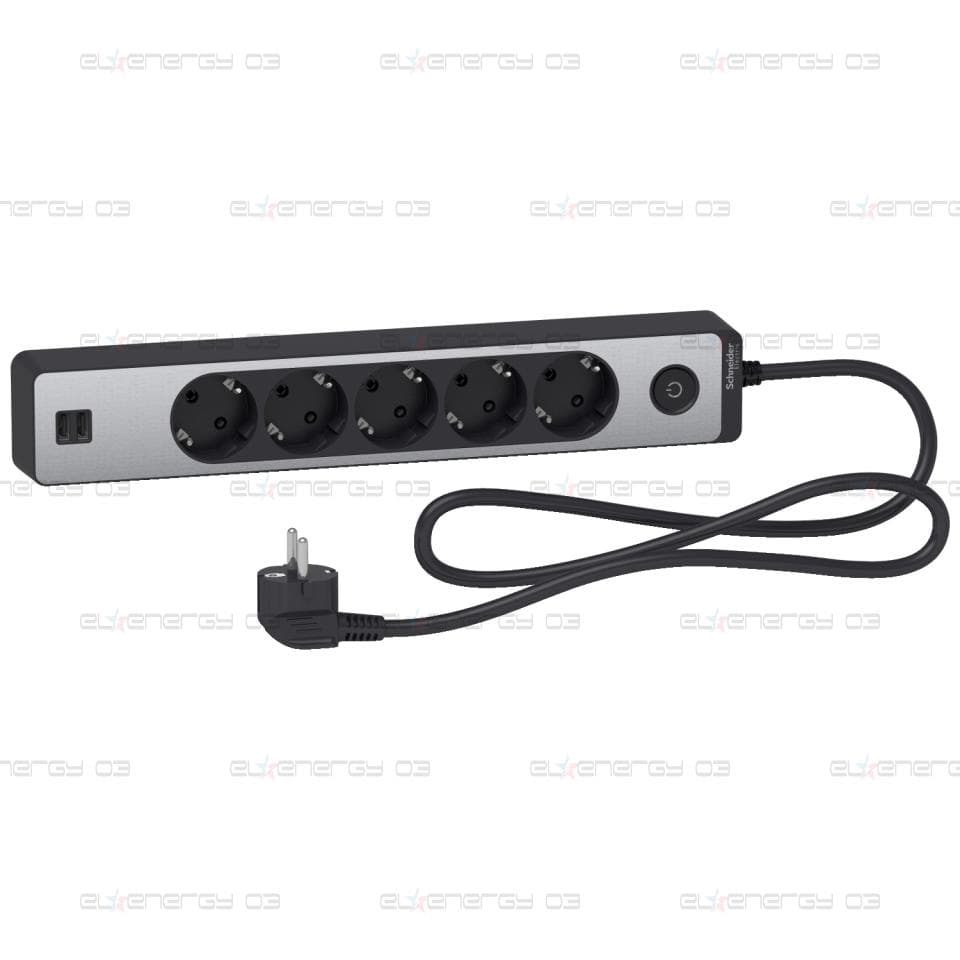 Разклонител 5 Гнезда & 2 USB 1.5M Алуминий/Бял