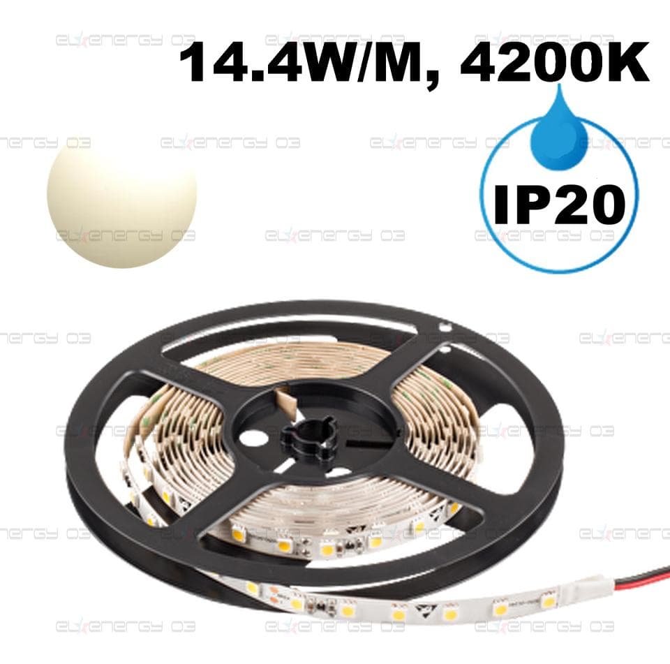 Професионална LED лента със стабилизатор на ток 14.4W/m, 5м, 4200K, 24V DC, Неутрално бяла светлина, Неводоустойчива, 60 LEDs/m, 120°, SMD 5050