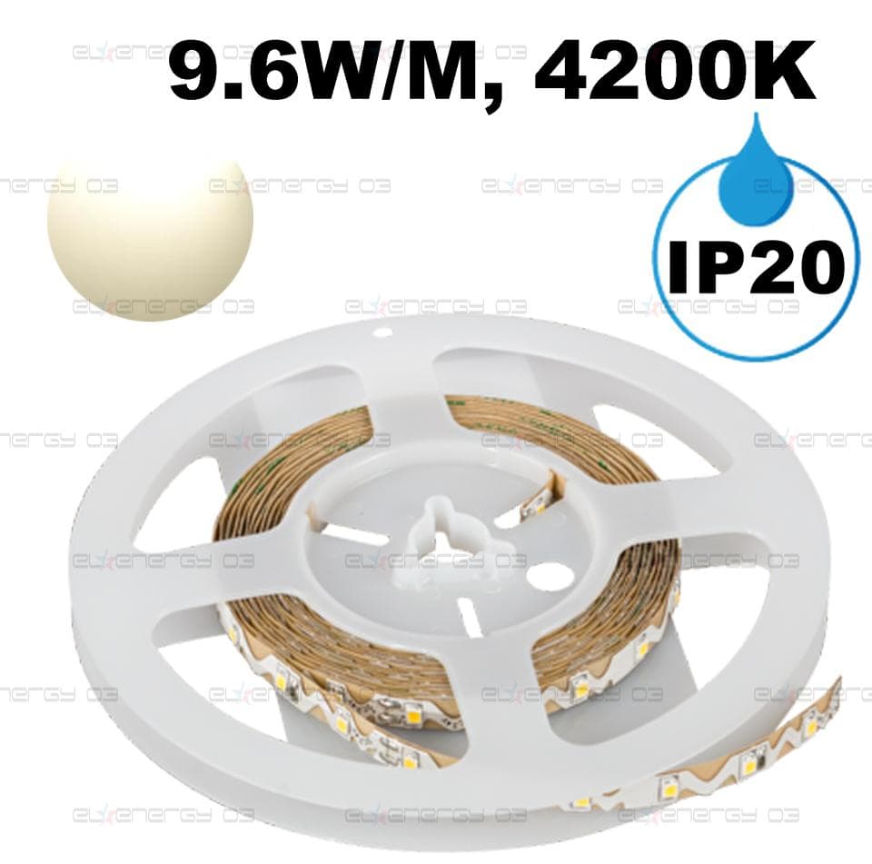 Професионална LED лента 9.6W/m, 5м, 4200K, 24V DC, Неутрално бяла светлина, Неводоустойчива, 60 LEDs/m, 120°, SMD 2835