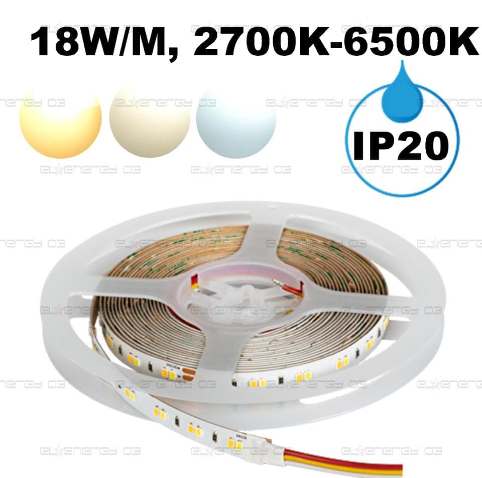 Професионална LED лента CCT 18W/m, 5м, 2700K-6500K, 24V DC, Неводоустойчива, 120 LEDs/m, 120°, SMD 2835