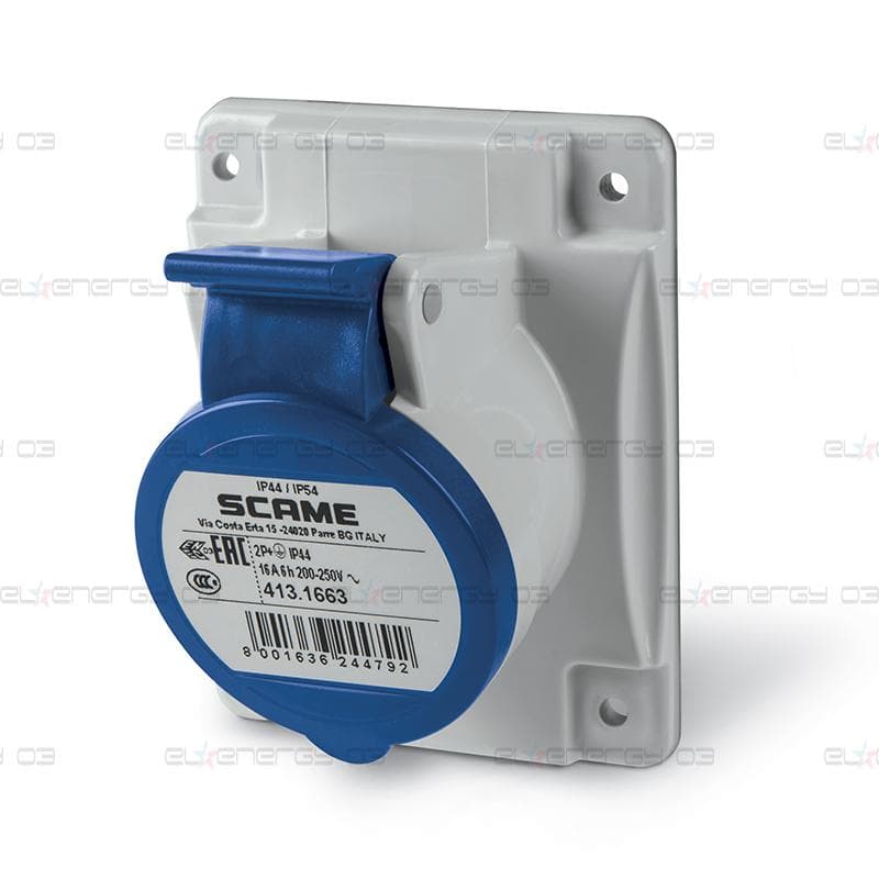 Промишлен контакт 2P+Е 16A 230V IP54 серия Optima панелен монтаж 70х87мм Scame