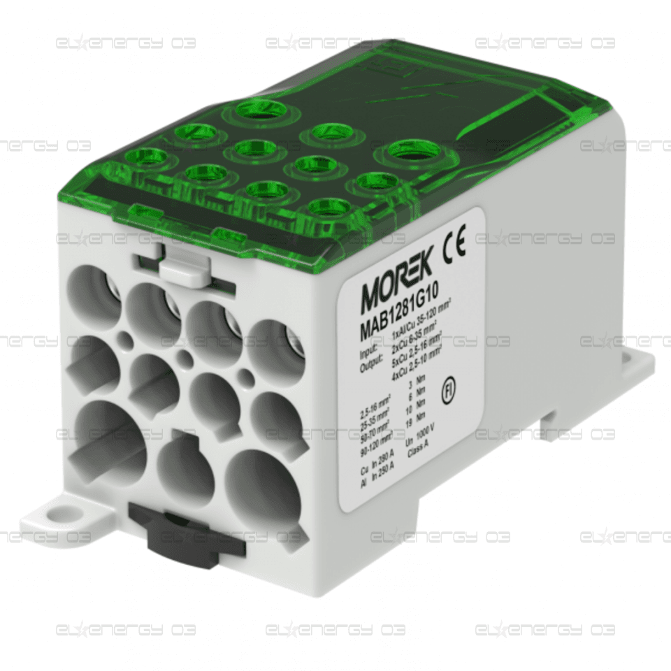 Разпределителен клемен блок ЗЕЛЕН 1P 280A OJL280A вх. Al/Cu 1X120 изх. 2×35/5×16/4x10mm² MOREK