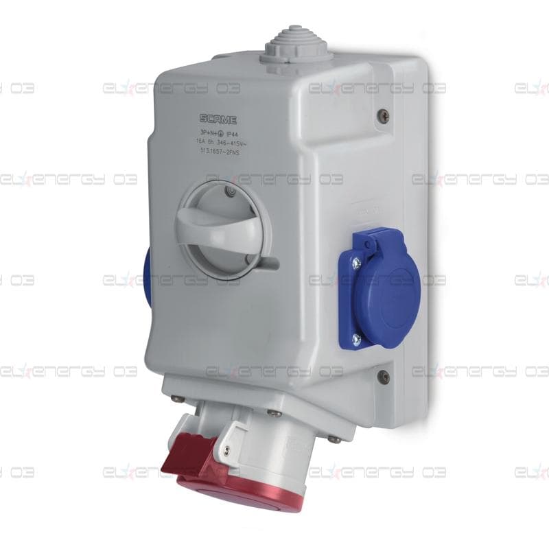 Промишлен комбиниран контакт 3P+N+Е 16A+2х шуко и ключ 0/I IP54 серия Optima Combi Scame