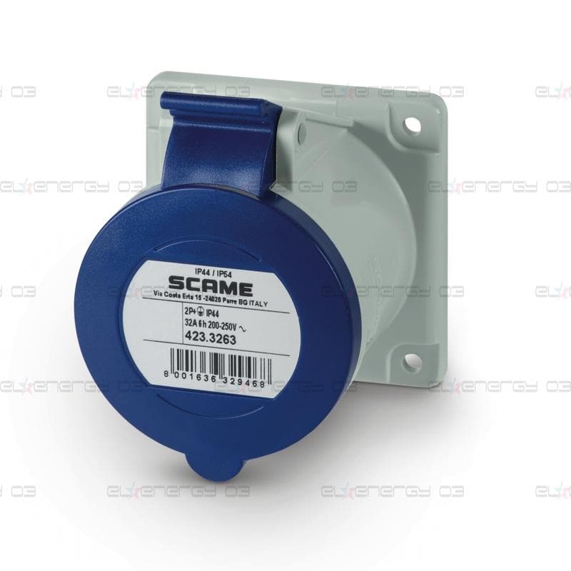 Промишлен контакт 2P+Е 32A 230V IP54 ПРАВ серия Optima панелен монтаж 75х75мм Scame