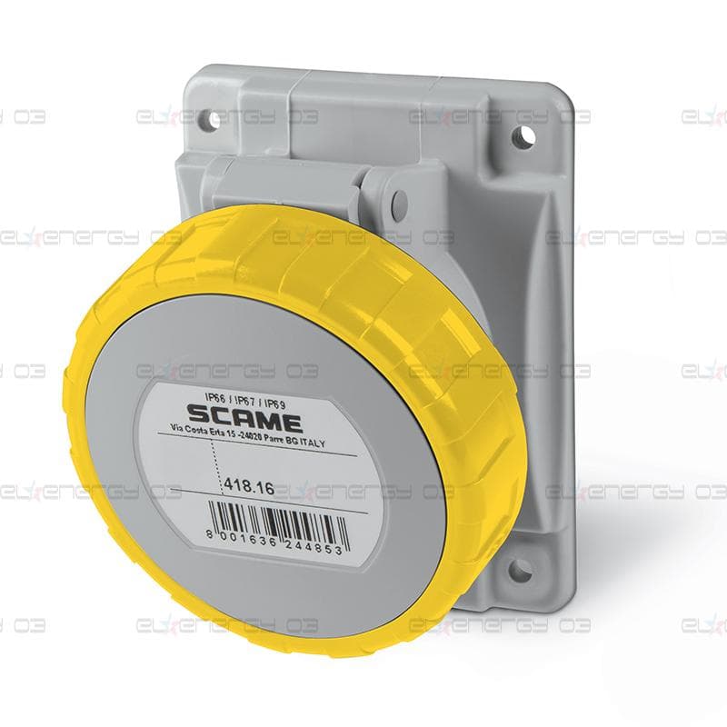 Промишлен контакт ЖЪЛТ 2P+Е 16A 100-130V IP66/67, 4h серия Optima панелен монтаж 70х87мм Scame