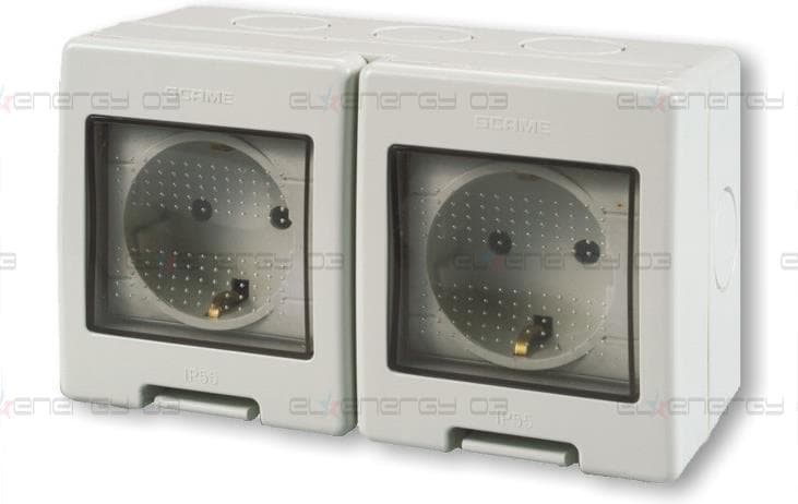 Контакт шуко 16A двоен с детска защита моноблок IP55 Unibox, цвят СИВ Scame
