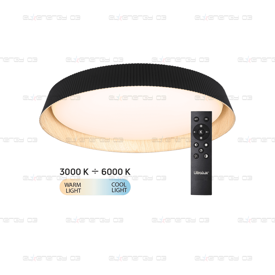 LED димираща ССТ плафониера с дистанционно управление, черен/дърво, max.72W, 3000K-6000К, 220-240V AC, кръг, IP20