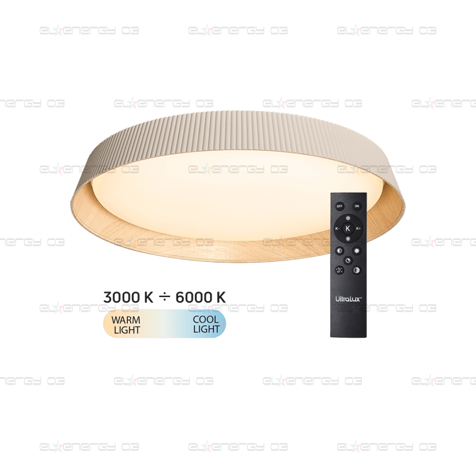 LED димираща ССТ плафониера с дистанционно управление бежов/дърво, max.72W, 3000K-6000К, 220-240V AC, кръг, IP20
