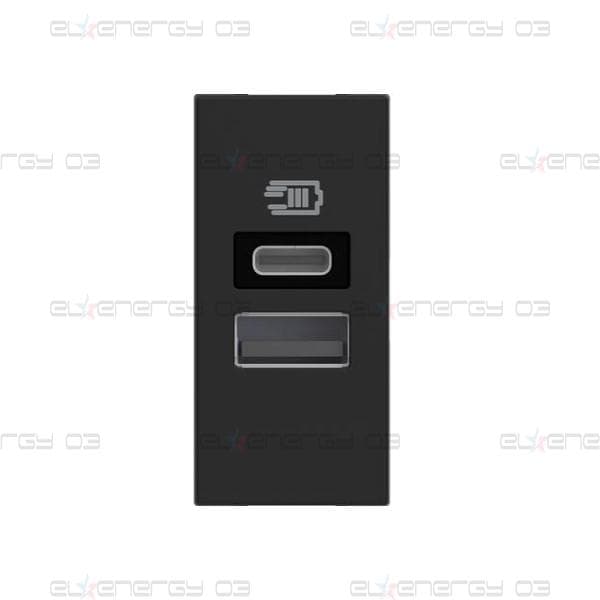 Розетка 2xUSB за зареждане тип A+C 3A 15W 1 мод. цвят Черен /блистер/ Classia Bticino