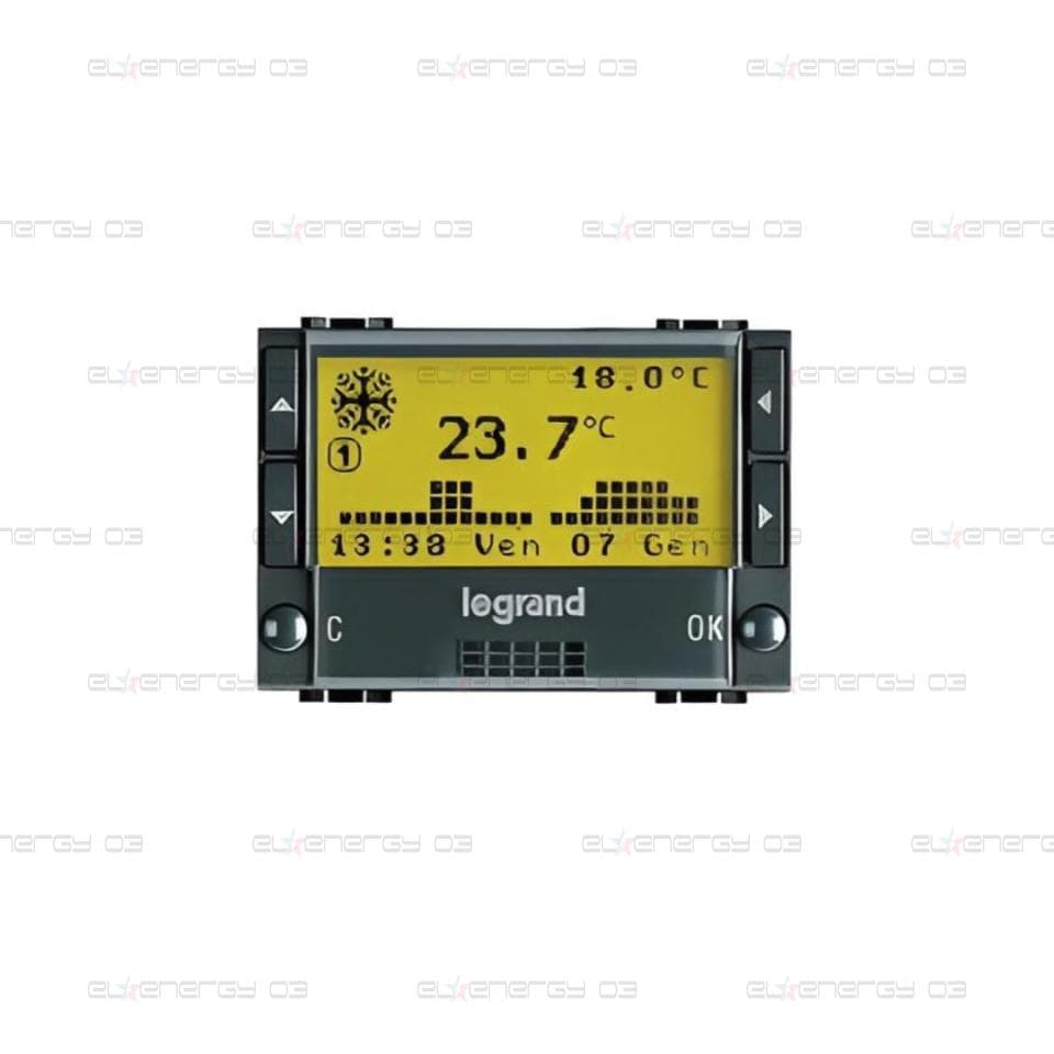 Термостат с LCD дисплей 3 мод. дневен и седмичен за отопление+охлаждане LL Bticino