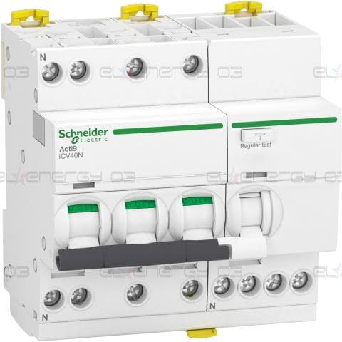 комбинирана дефектнотокова защита (RCBO), Acti9 iCV40N, 3P+N, 40A, B крива, 6000A, AC тип, 30mA