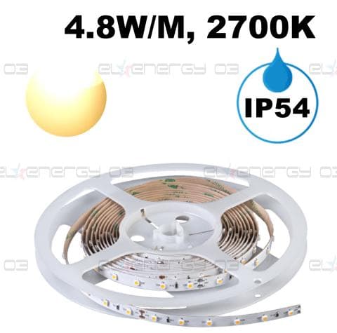 Професионална LED лента 4.8W/m, 5м, 2700K, 24V DC, Топло бяла светлина, Неводоустойчива, 60 LEDs/m, 24V DC, 120°, SMD 3528