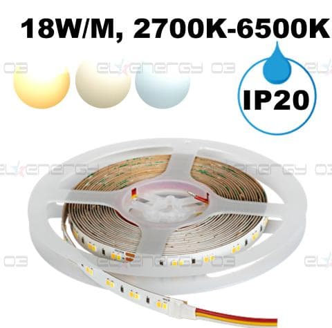 Професионална LED лента CCT 18W/m, 5м, 2700K-6500K, 24V DC, Неводоустойчива, 120 LEDs/m, 120°, SMD 2835