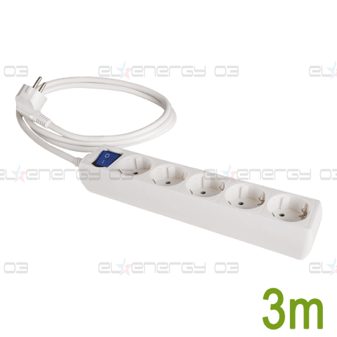 Разклонител с 5 гнезда и светлинен ключ, 250V, 16A, кабел 3м
