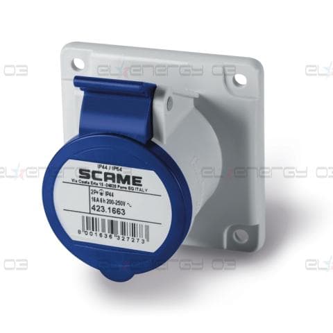 Промишлен контакт 2P+Е 16A 230V IP54 ПРАВ серия Optima панелен монтаж 75х75мм Scame