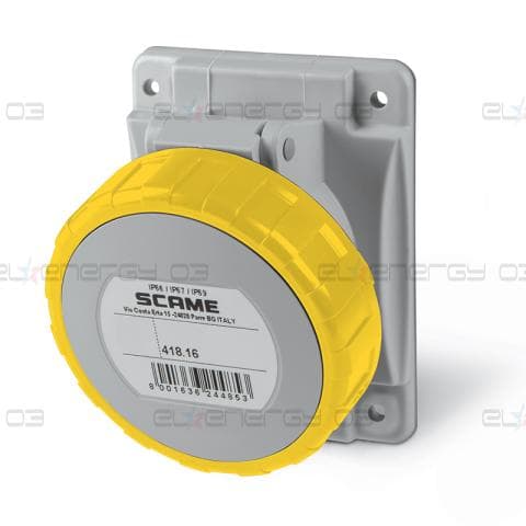 Промишлен контакт ЖЪЛТ 2P+Е 16A 100-130V IP66/67, 4h серия Optima панелен монтаж 70х87мм Scame