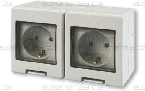 Контакт шуко 16A двоен с детска защита моноблок IP55 Unibox, цвят СИВ Scame