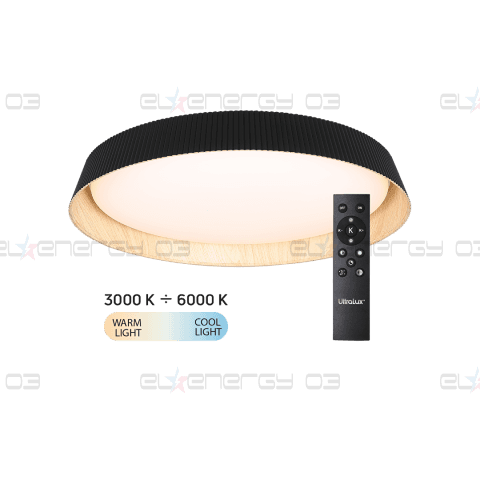 LED димираща ССТ плафониера с дистанционно управление, черен/дърво, max.72W, 3000K-6000К, 220-240V AC, кръг, IP20