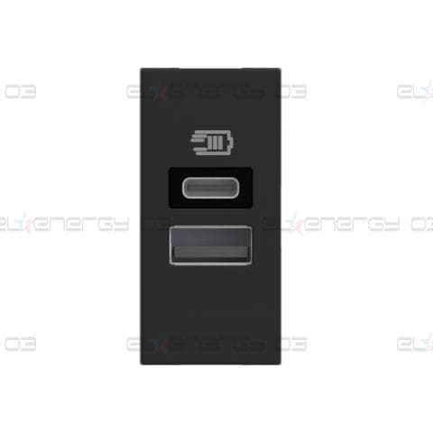 Розетка 2xUSB за зареждане тип A+C 3A 15W 1 мод. цвят Черен /блистер/ Classia Bticino