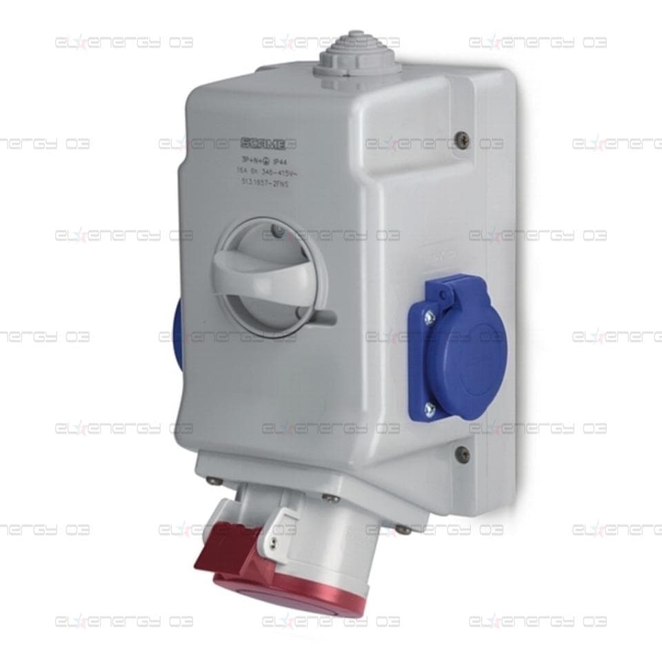 Промишлен комбиниран контакт 3P+Е 16A+2х шуко и ключ 0/I IP54 серия Optima Combi Scame