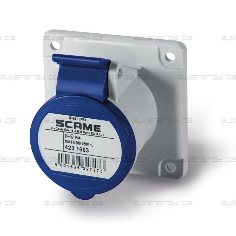Промишлен контакт 2P+Е 16A 230V IP54 ПРАВ серия Optima панелен монтаж 75х75мм Scame